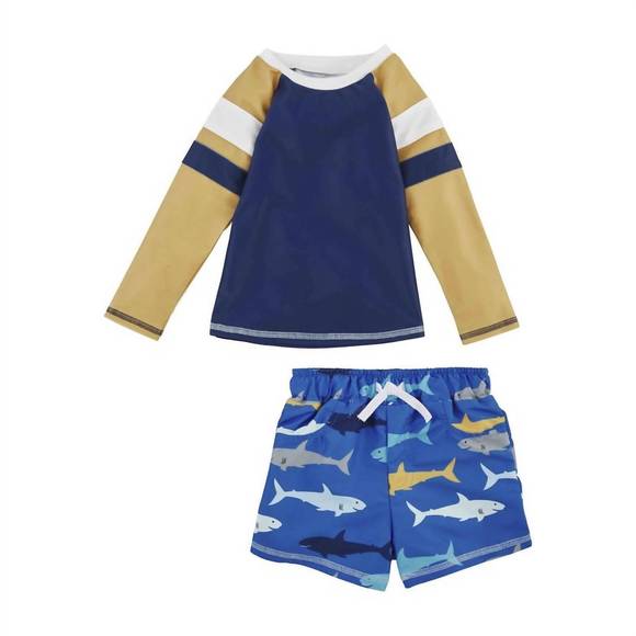 NEW MUDPIE boy's shark rash guard and swim trunk set in blue multi - Picture 1 of 1